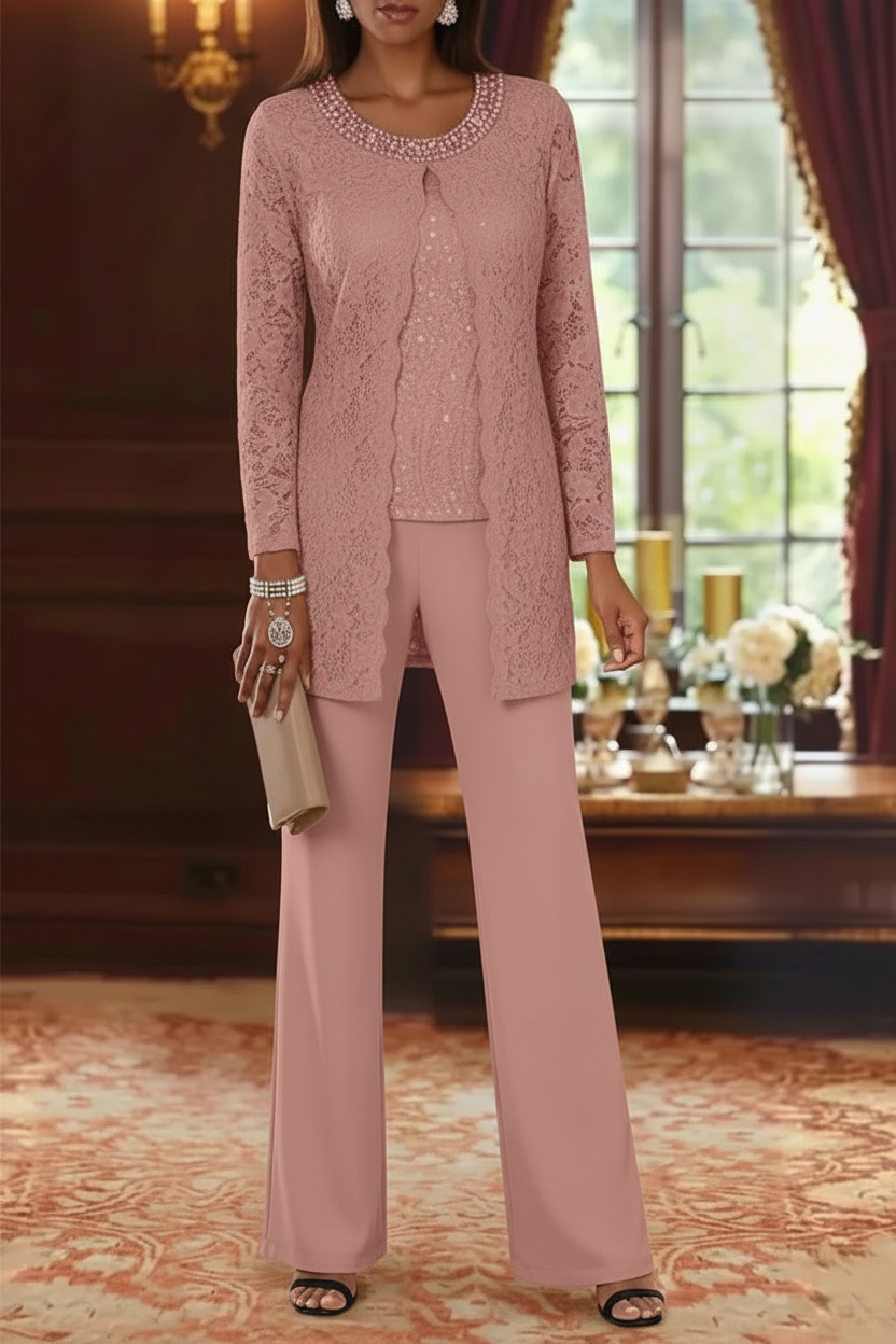 3 Pieces Chiffon Jewel Neck Mother of the Bride Pantsuits with Jacket Lace Ankle-Length Half Sleeves