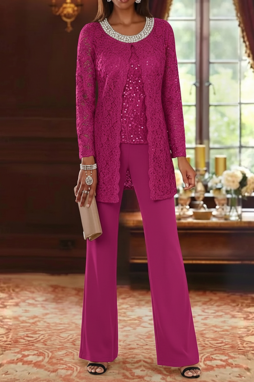 3 Pieces Chiffon Jewel Neck Mother of the Bride Pantsuits with Jacket Lace Ankle-Length Half Sleeves