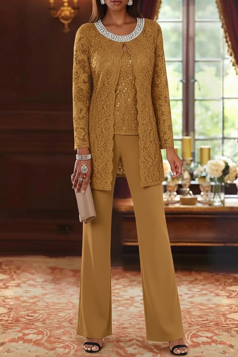 3 Pieces Chiffon Jewel Neck Mother of the Bride Pantsuits with Jacket Lace Ankle-Length Half Sleeves