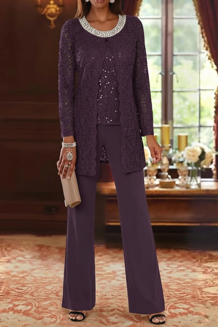 3 Pieces Chiffon Jewel Neck Mother of the Bride Pantsuits with Jacket Lace Ankle-Length Half Sleeves