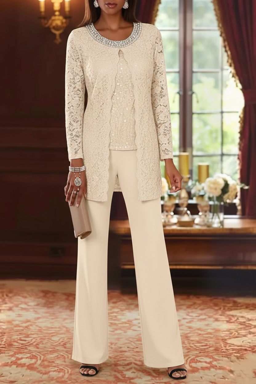 3 Pieces Chiffon Jewel Neck Mother of the Bride Pantsuits with Jacket Lace Ankle-Length Half Sleeves