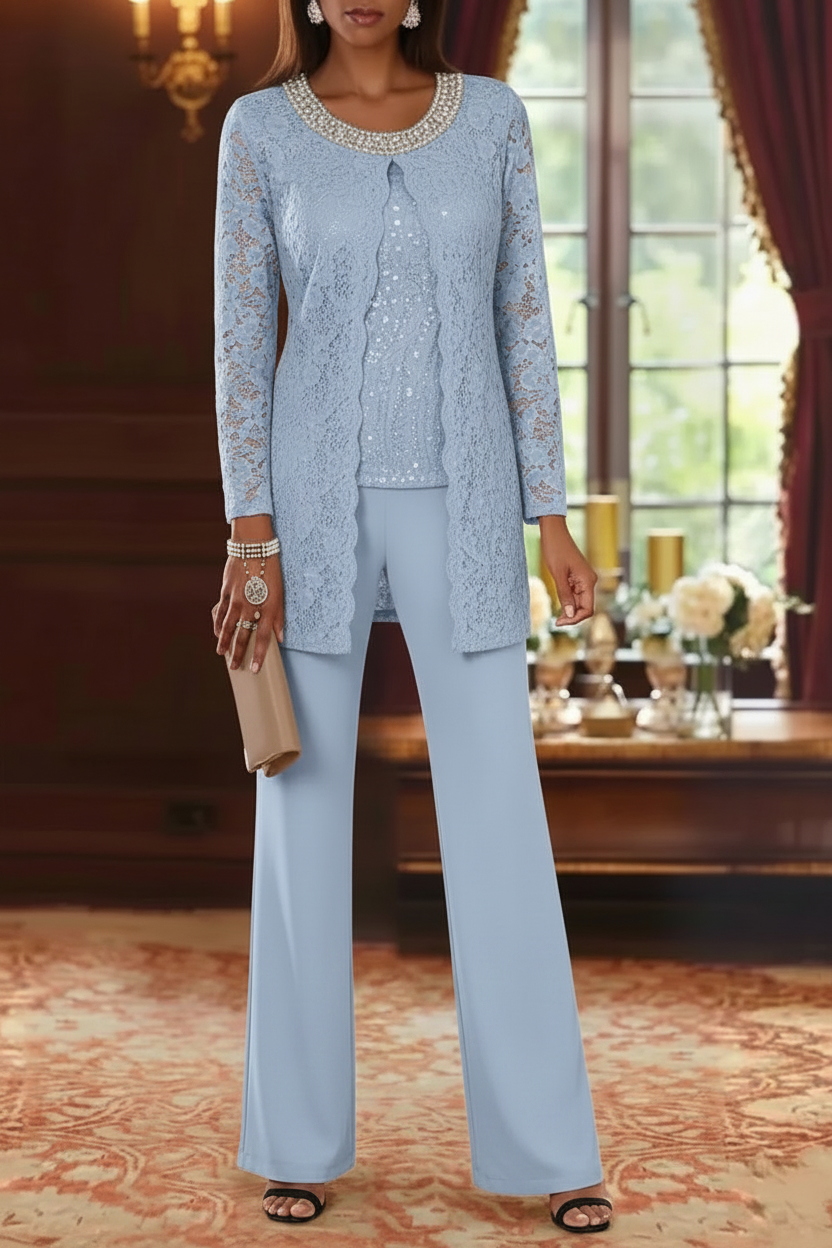 3 Pieces Chiffon Jewel Neck Mother of the Bride Pantsuits with Jacket Lace Ankle-Length Half Sleeves