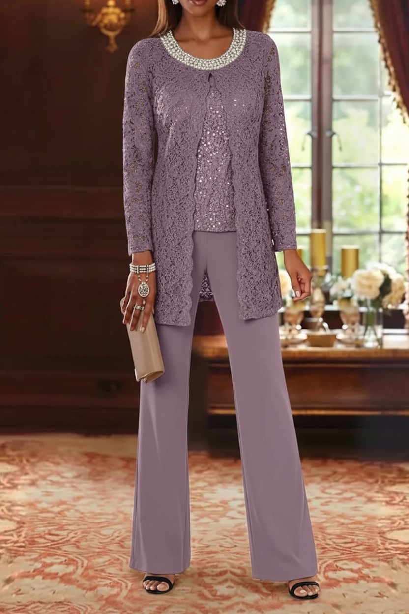 3 Pieces Chiffon Jewel Neck Mother of the Bride Pantsuits with Jacket Lace Ankle-Length Half Sleeves