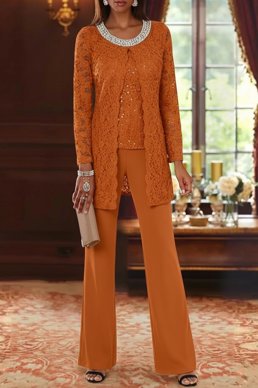 3 Pieces Chiffon Jewel Neck Mother of the Bride Pantsuits with Jacket Lace Ankle-Length Half Sleeves