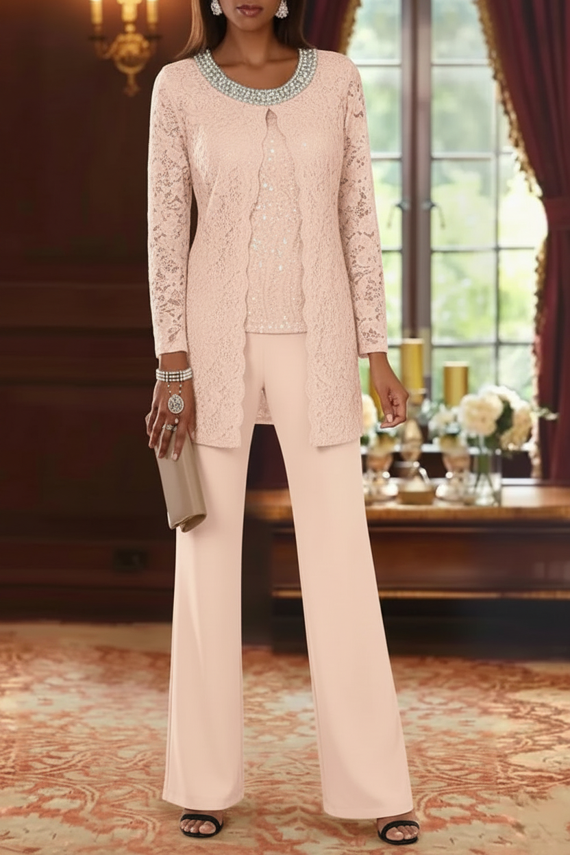 3 Pieces Chiffon Jewel Neck Mother of the Bride Pantsuits with Jacket Lace Ankle-Length Half Sleeves