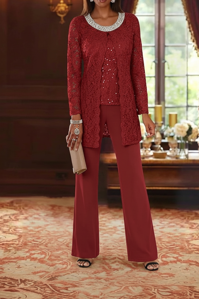 3 Pieces Chiffon Jewel Neck Mother of the Bride Pantsuits with Jacket Lace Ankle-Length Half Sleeves