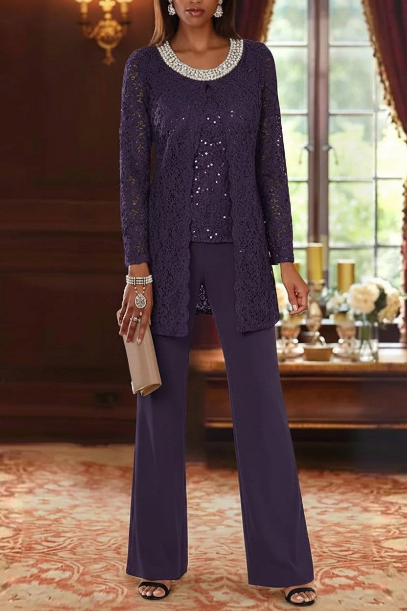 3 Pieces Chiffon Jewel Neck Mother of the Bride Pantsuits with Jacket Lace Ankle-Length Half Sleeves