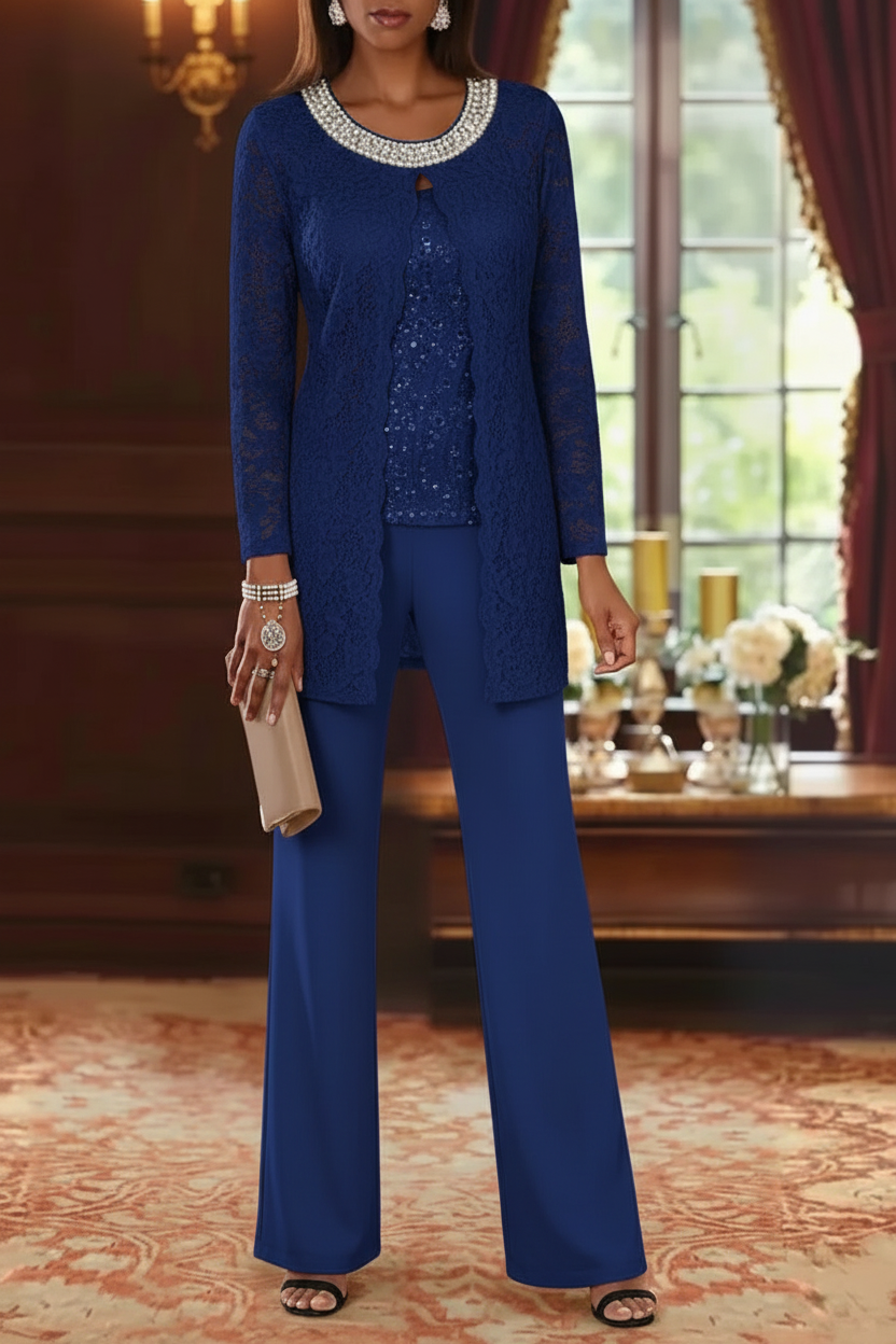 3 Pieces Chiffon Jewel Neck Mother of the Bride Pantsuits with Jacket Lace Ankle-Length Half Sleeves