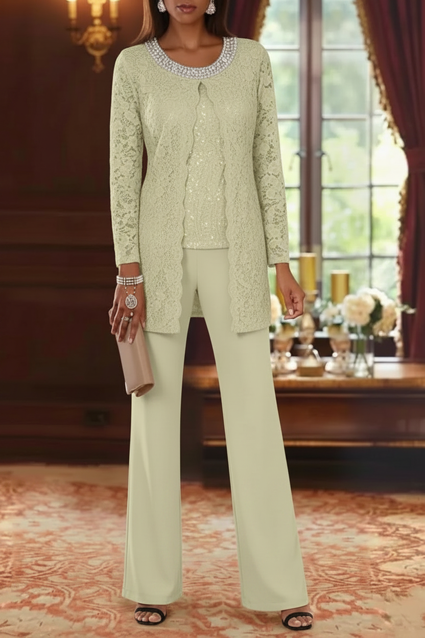 3 Pieces Chiffon Jewel Neck Mother of the Bride Pantsuits with Jacket Lace Ankle-Length Half Sleeves