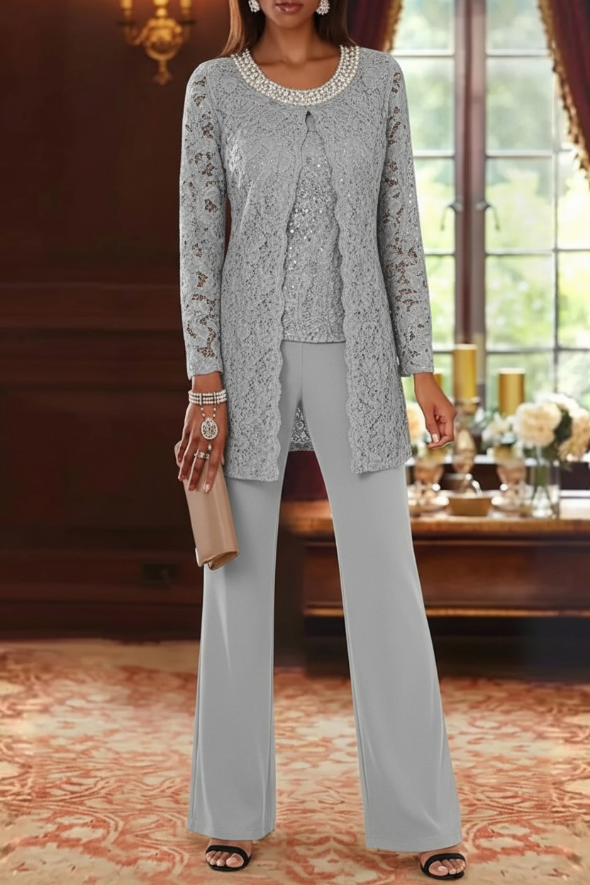 3 Pieces Chiffon Jewel Neck Mother of the Bride Pantsuits with Jacket Lace Ankle-Length Half Sleeves