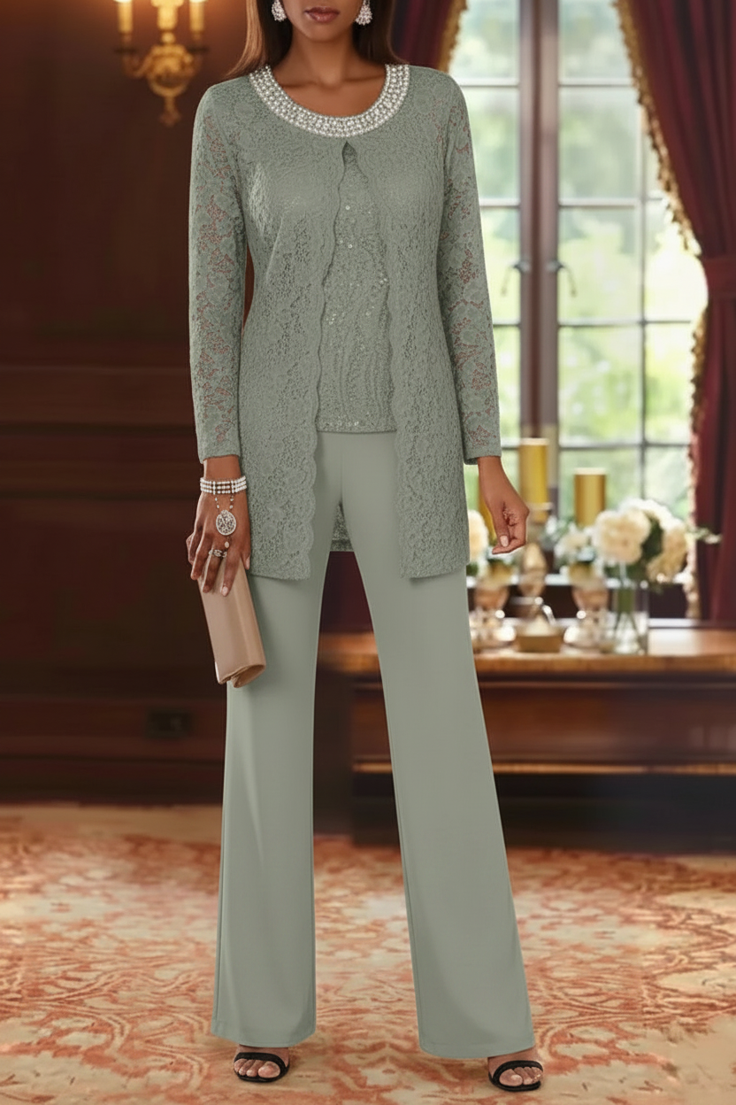 3 Pieces Chiffon Jewel Neck Mother of the Bride Pantsuits with Jacket Lace Ankle-Length Half Sleeves