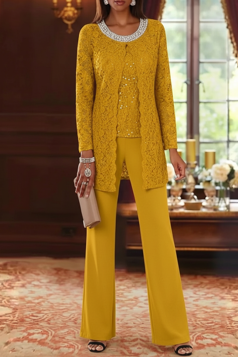 3 Pieces Chiffon Jewel Neck Mother of the Bride Pantsuits with Jacket Lace Ankle-Length Half Sleeves