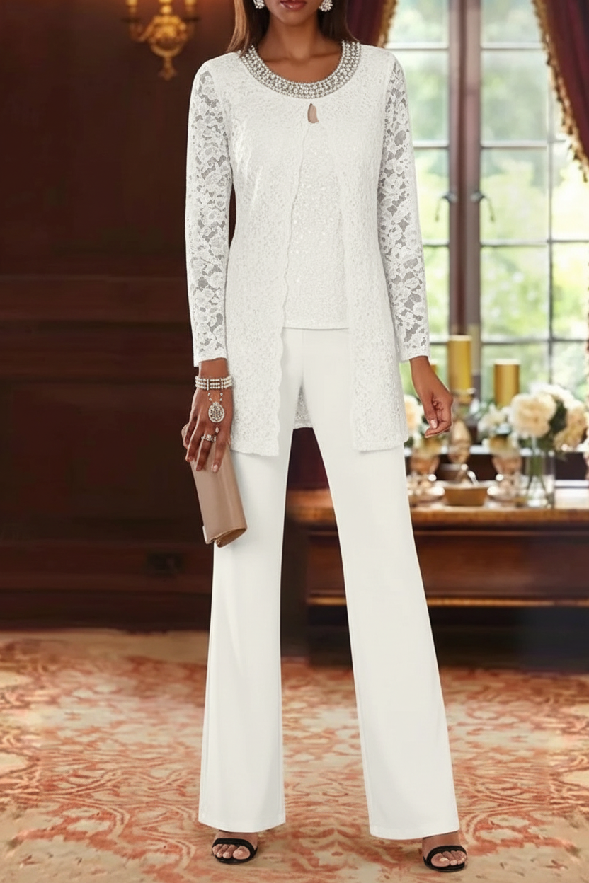 3 Pieces Chiffon Jewel Neck Mother of the Bride Pantsuits with Jacket Lace Ankle-Length Half Sleeves