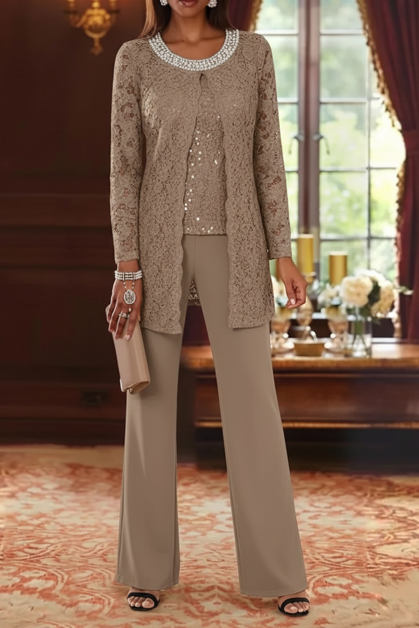 3 Pieces Chiffon Jewel Neck Mother of the Bride Pantsuits with Jacket Lace Ankle-Length Half Sleeves