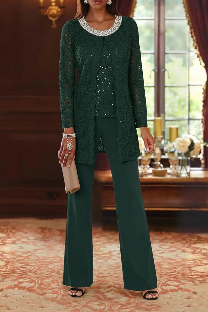 3 Pieces Chiffon Jewel Neck Mother of the Bride Pantsuits with Jacket Lace Ankle-Length Half Sleeves