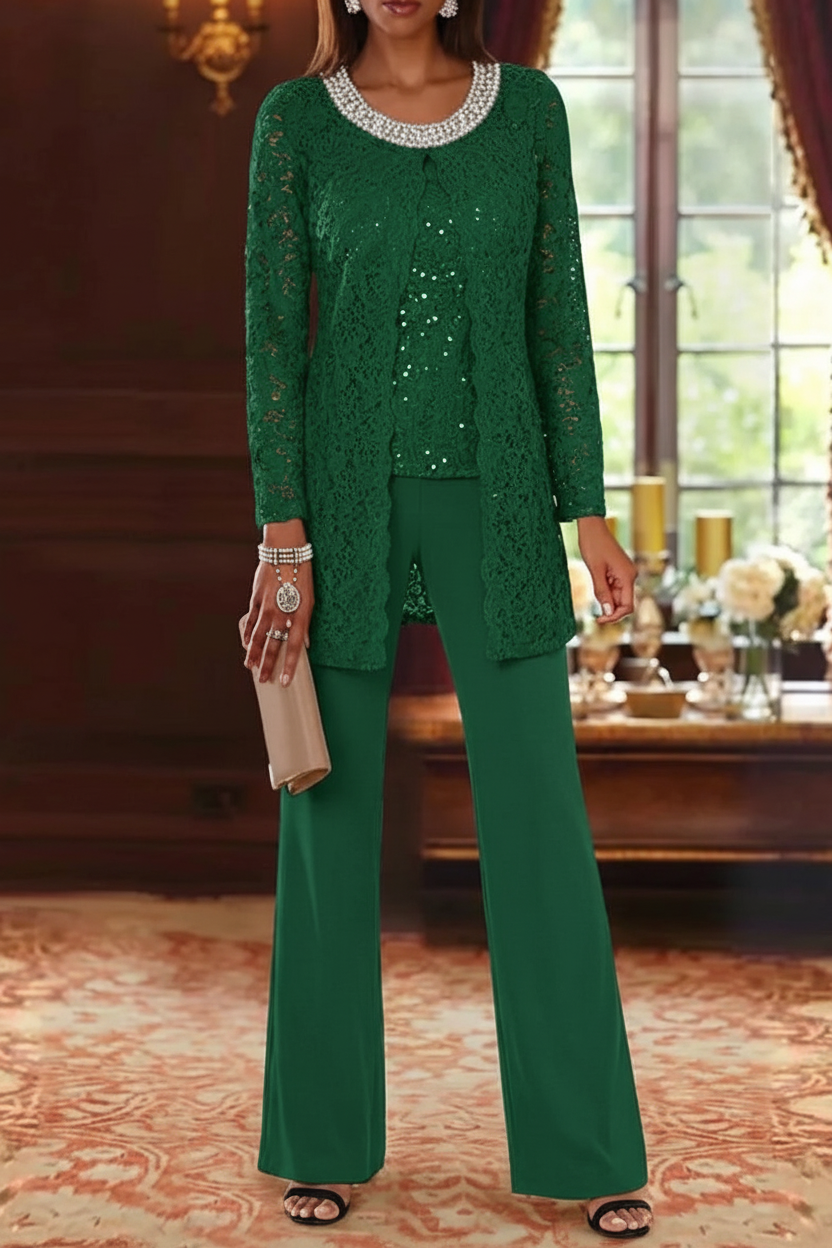 3 Pieces Chiffon Jewel Neck Mother of the Bride Pantsuits with Jacket Lace Ankle-Length Half Sleeves
