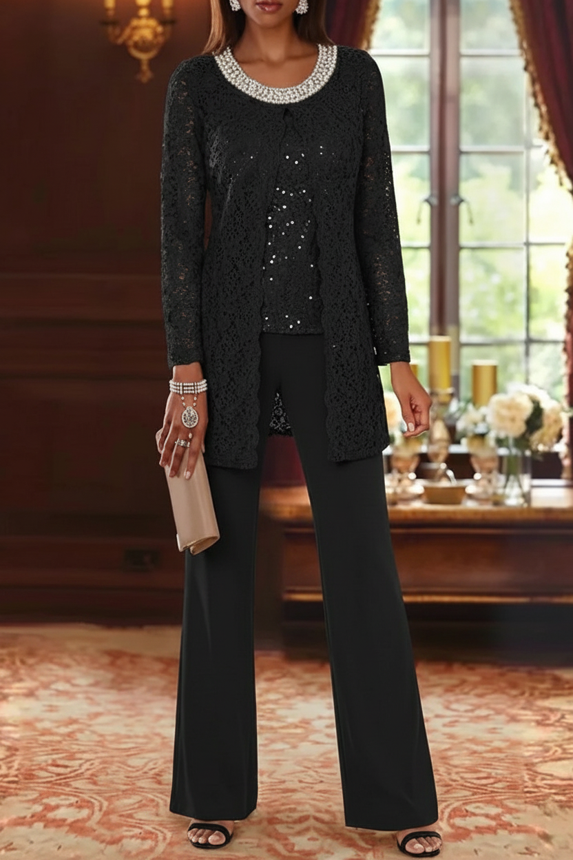 3 Pieces Chiffon Jewel Neck Mother of the Bride Pantsuits with Jacket Lace Ankle-Length Half Sleeves