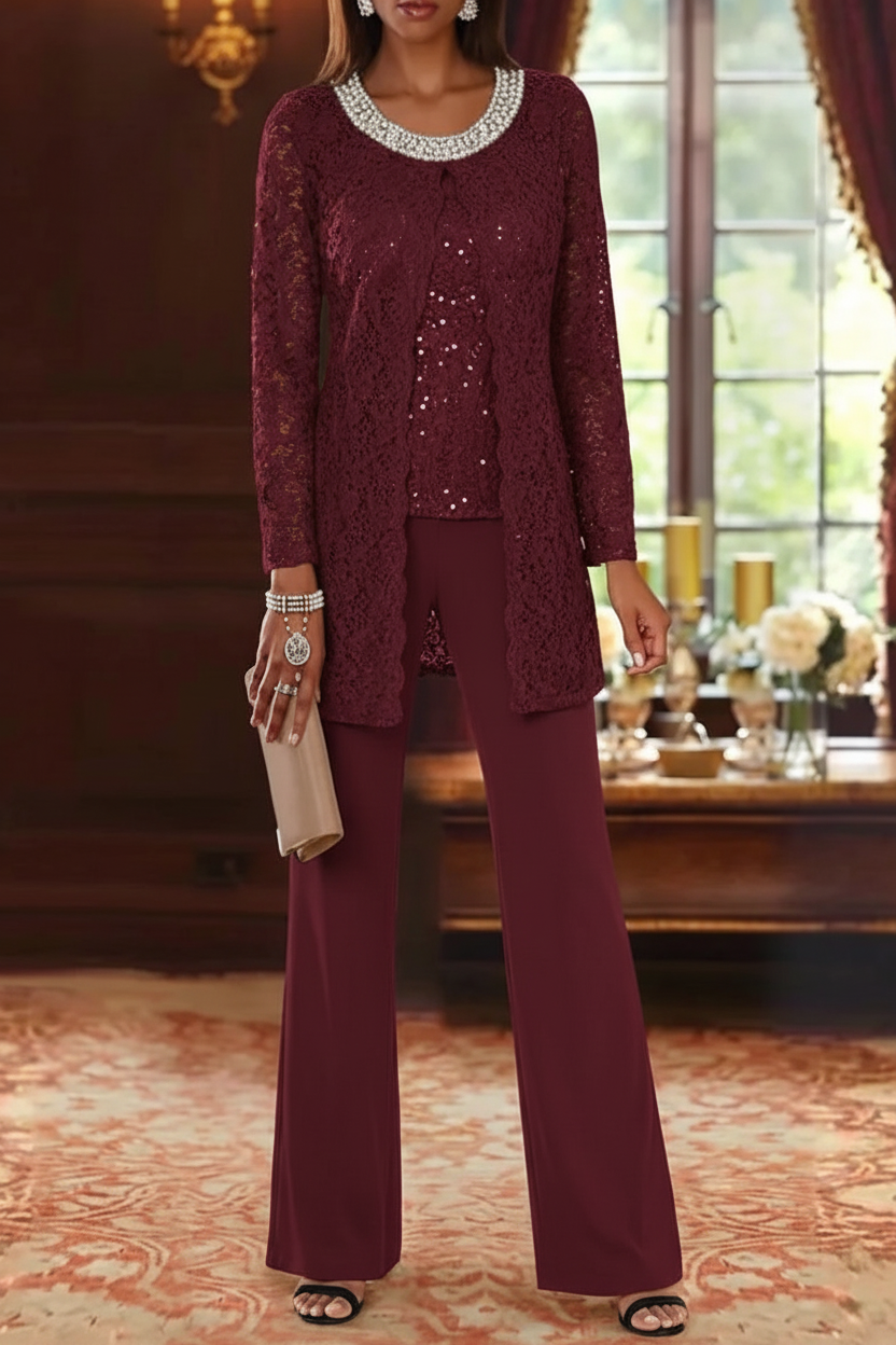 3 Pieces Chiffon Jewel Neck Mother of the Bride Pantsuits with Jacket Lace Ankle-Length Half Sleeves