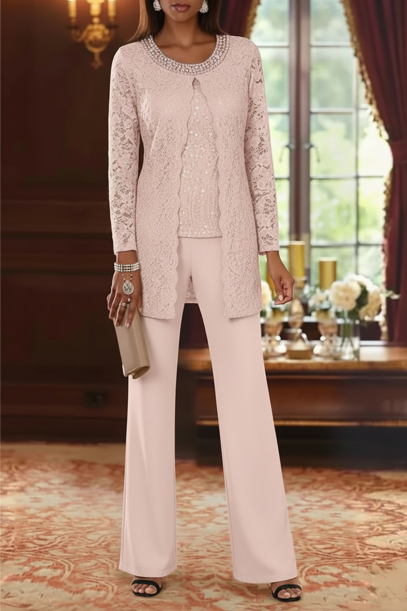 3 Pieces Chiffon Jewel Neck Mother of the Bride Pantsuits with Jacket Lace Ankle-Length Half Sleeves
