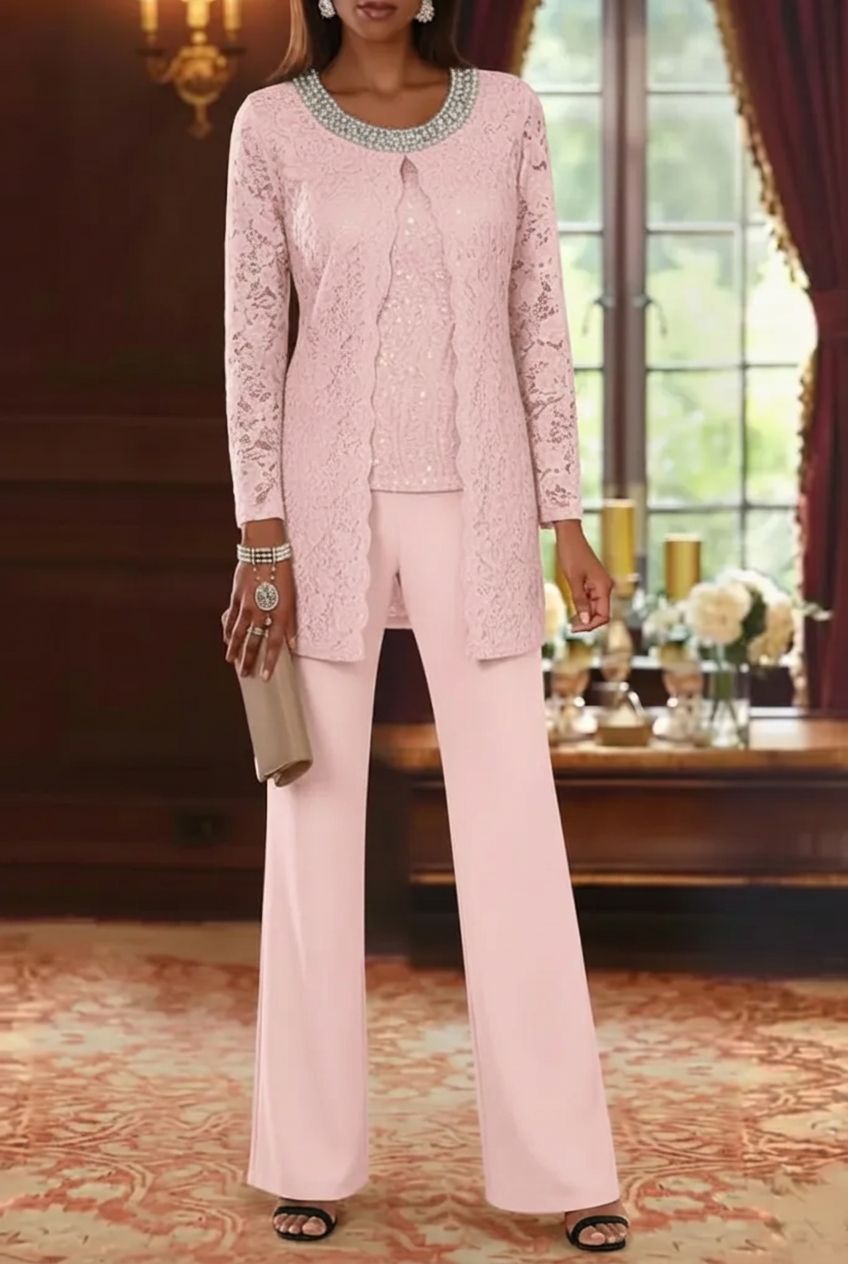 3 Pieces Chiffon Jewel Neck Mother of the Bride Pantsuits with Jacket Lace Ankle-Length Half Sleeves