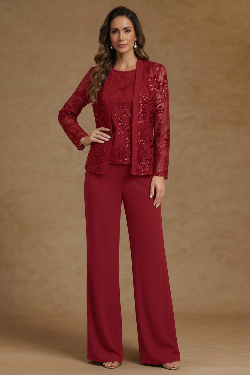 3 Pieces Chiffon Scoop Mother of the Bride Pantsuits with Jacket Sequins Long Sleeves Floor Length