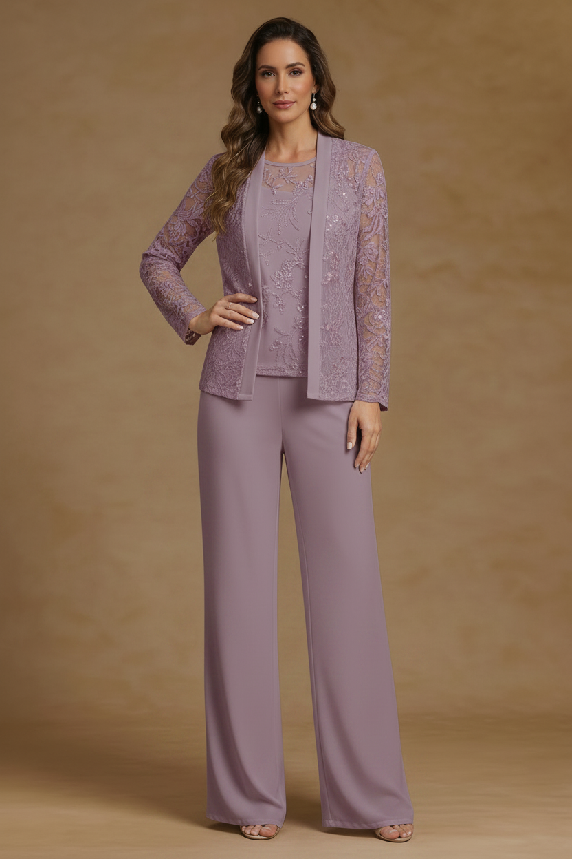 3 Pieces Chiffon Scoop Mother of the Bride Pantsuits with Jacket Sequins Long Sleeves Floor Length