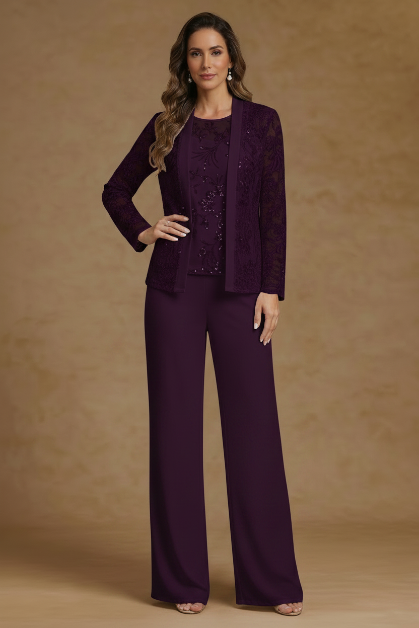 3 Pieces Chiffon Scoop Mother of the Bride Pantsuits with Jacket Sequins Long Sleeves Floor Length