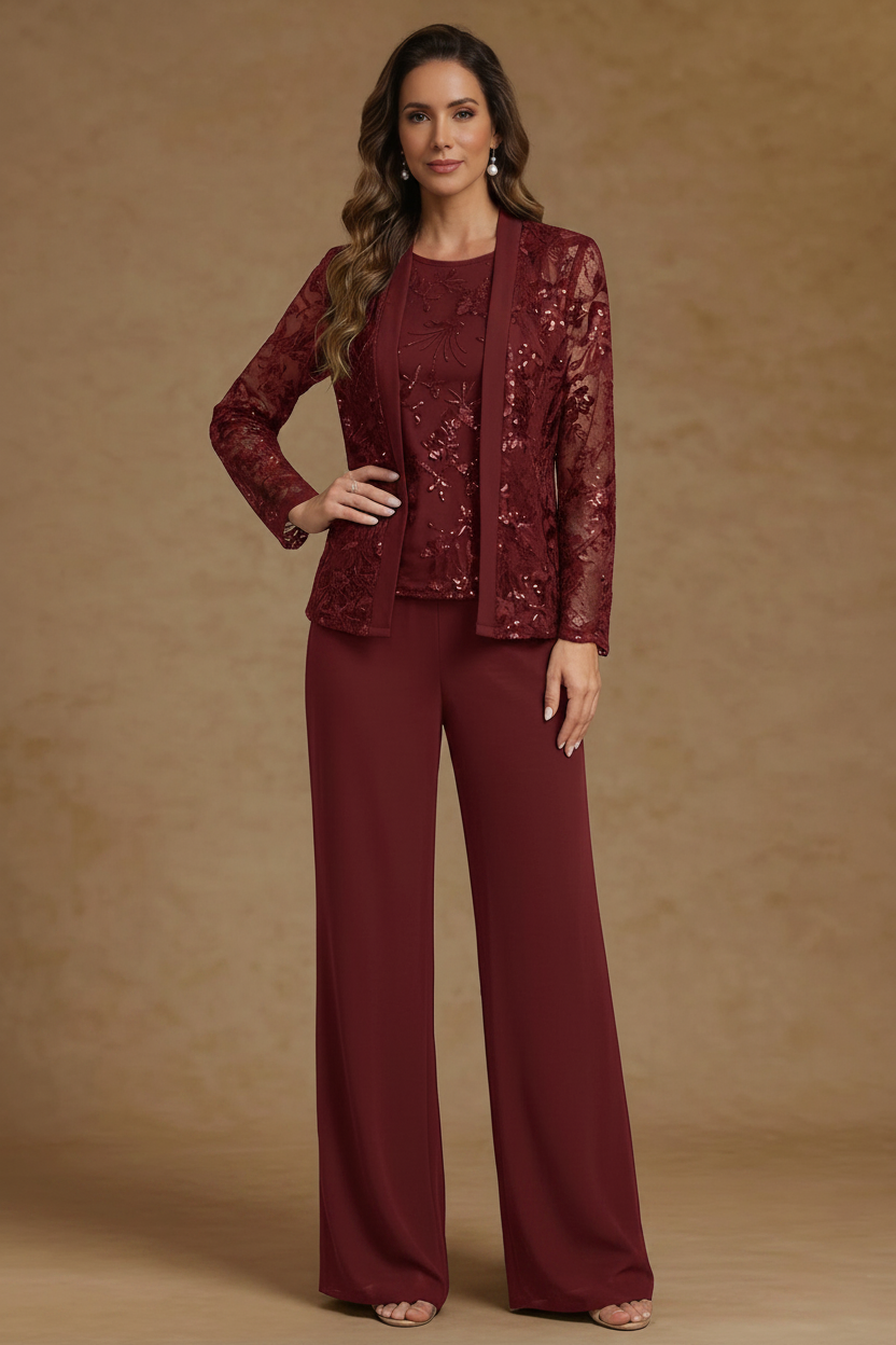3 Pieces Chiffon Scoop Mother of the Bride Pantsuits with Jacket Sequins Long Sleeves Floor Length