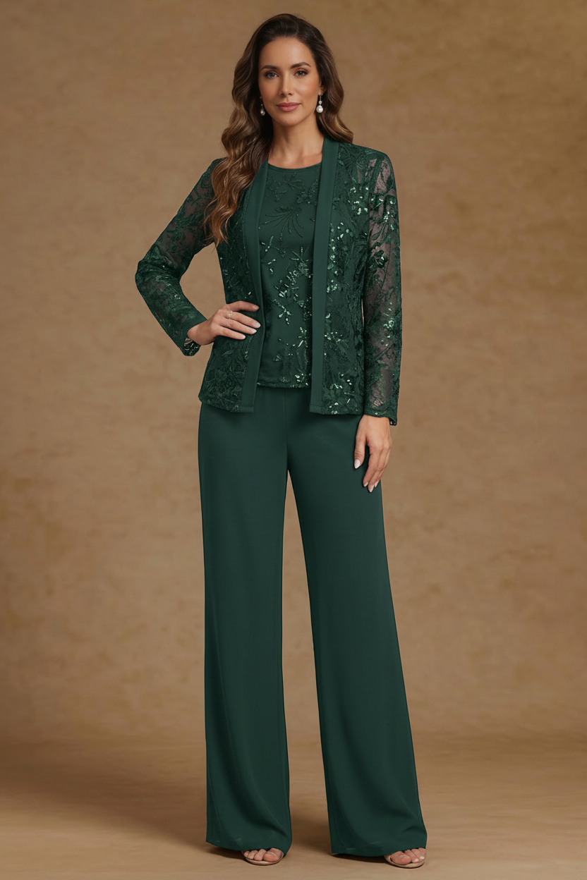 3 Pieces Chiffon Scoop Mother of the Bride Pantsuits with Jacket Sequins Long Sleeves Floor Length