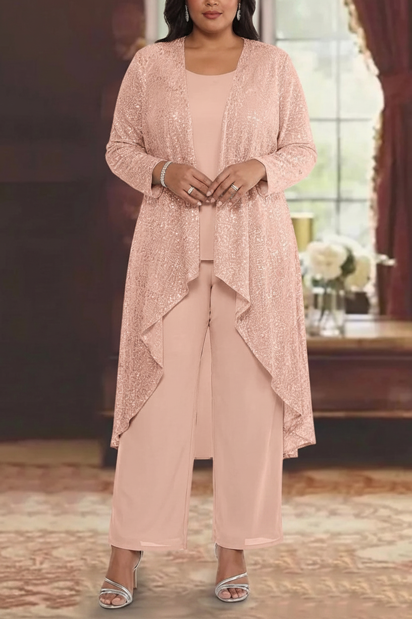 3 Pieces Chiffon Sequins Scoop Plus Size Mother of the Bride Pantsuits with Jacket Long Sleeves Ankle-Length