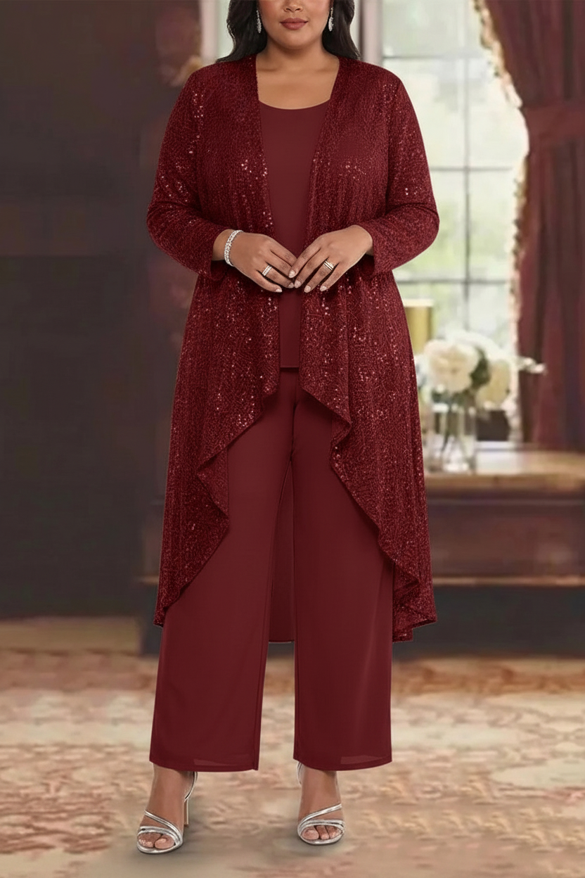 3 Pieces Chiffon Sequins Scoop Plus Size Mother of the Bride Pantsuits with Jacket Long Sleeves Ankle-Length