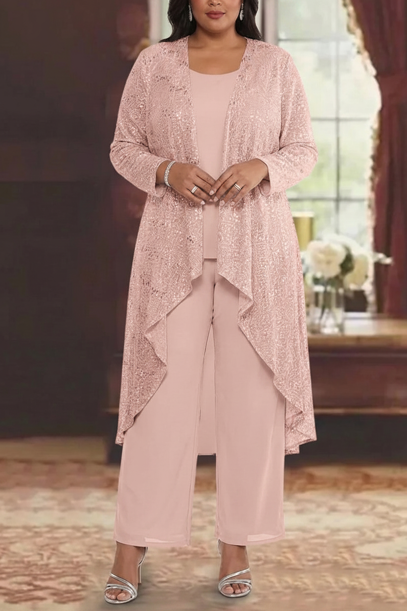 3 Pieces Chiffon Sequins Scoop Plus Size Mother of the Bride Pantsuits with Jacket Long Sleeves Ankle-Length