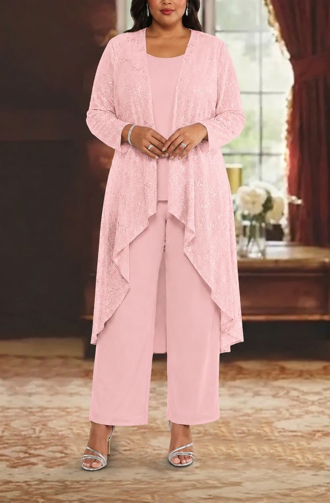 3 Pieces Chiffon Sequins Scoop Plus Size Mother of the Bride Pantsuits with Jacket Long Sleeves Ankle-Length