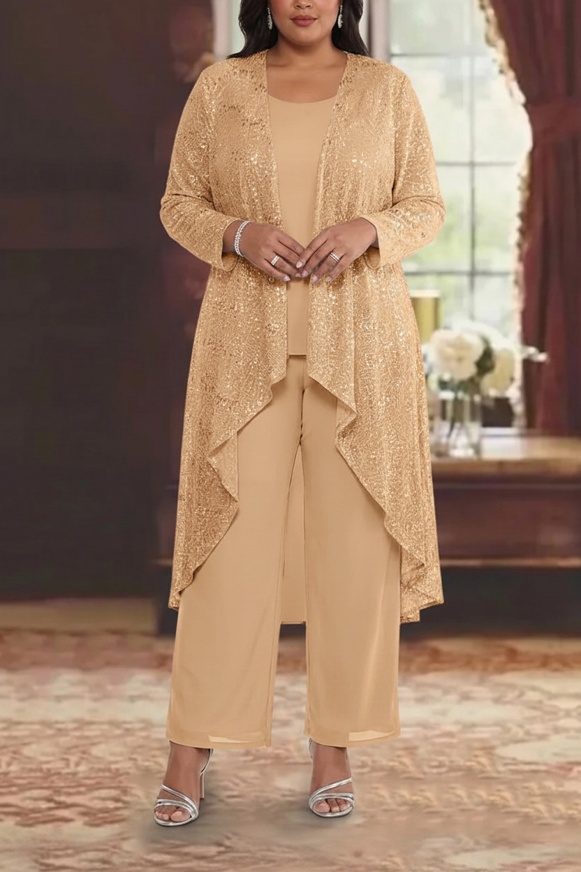 3 Pieces Chiffon Sequins Scoop Plus Size Mother of the Bride Pantsuits with Jacket Long Sleeves Ankle-Length