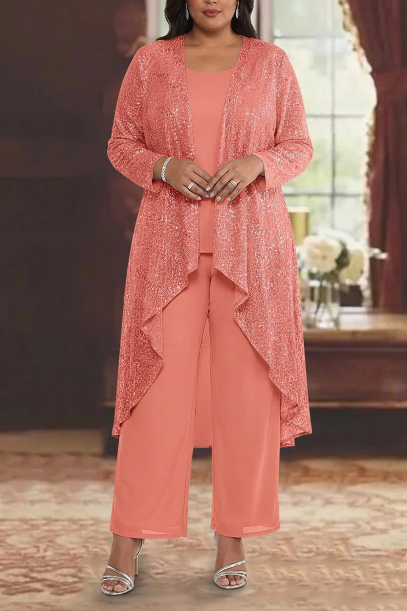 3 Pieces Chiffon Sequins Scoop Plus Size Mother of the Bride Pantsuits with Jacket Long Sleeves Ankle-Length