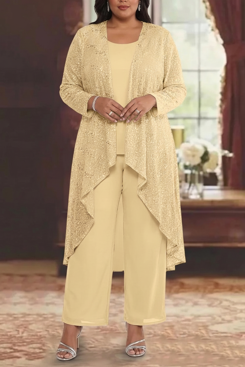 3 Pieces Chiffon Sequins Scoop Plus Size Mother of the Bride Pantsuits with Jacket Long Sleeves Ankle-Length