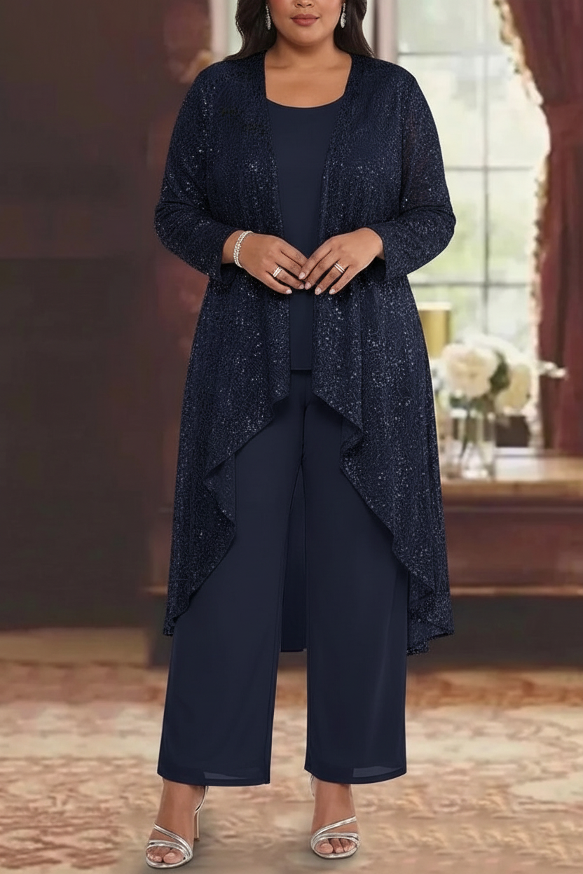 3 Pieces Chiffon Sequins Scoop Plus Size Mother of the Bride Pantsuits with Jacket Long Sleeves Ankle-Length