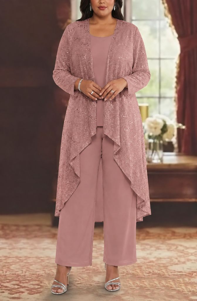 3 Pieces Chiffon Sequins Scoop Plus Size Mother of the Bride Pantsuits with Jacket Long Sleeves Ankle-Length