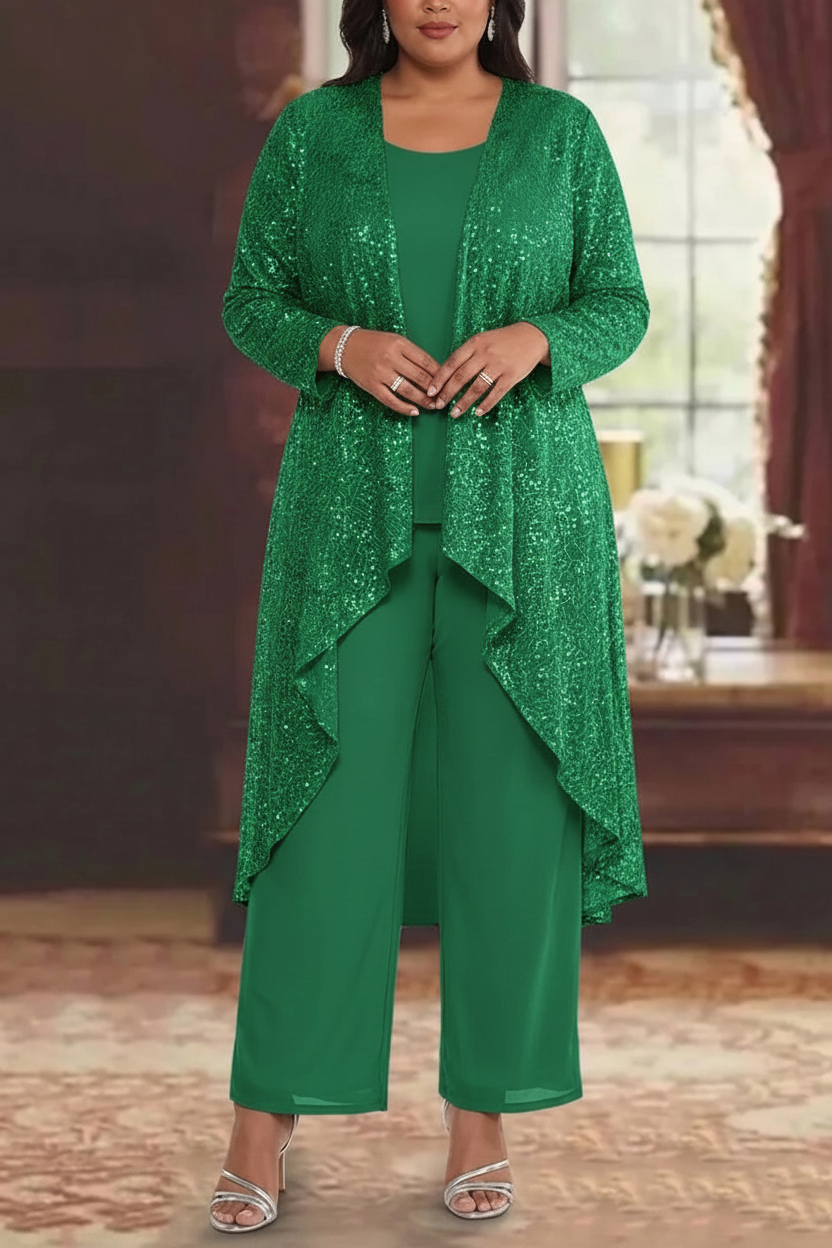 3 Pieces Chiffon Sequins Scoop Plus Size Mother of the Bride Pantsuits with Jacket Long Sleeves Ankle-Length