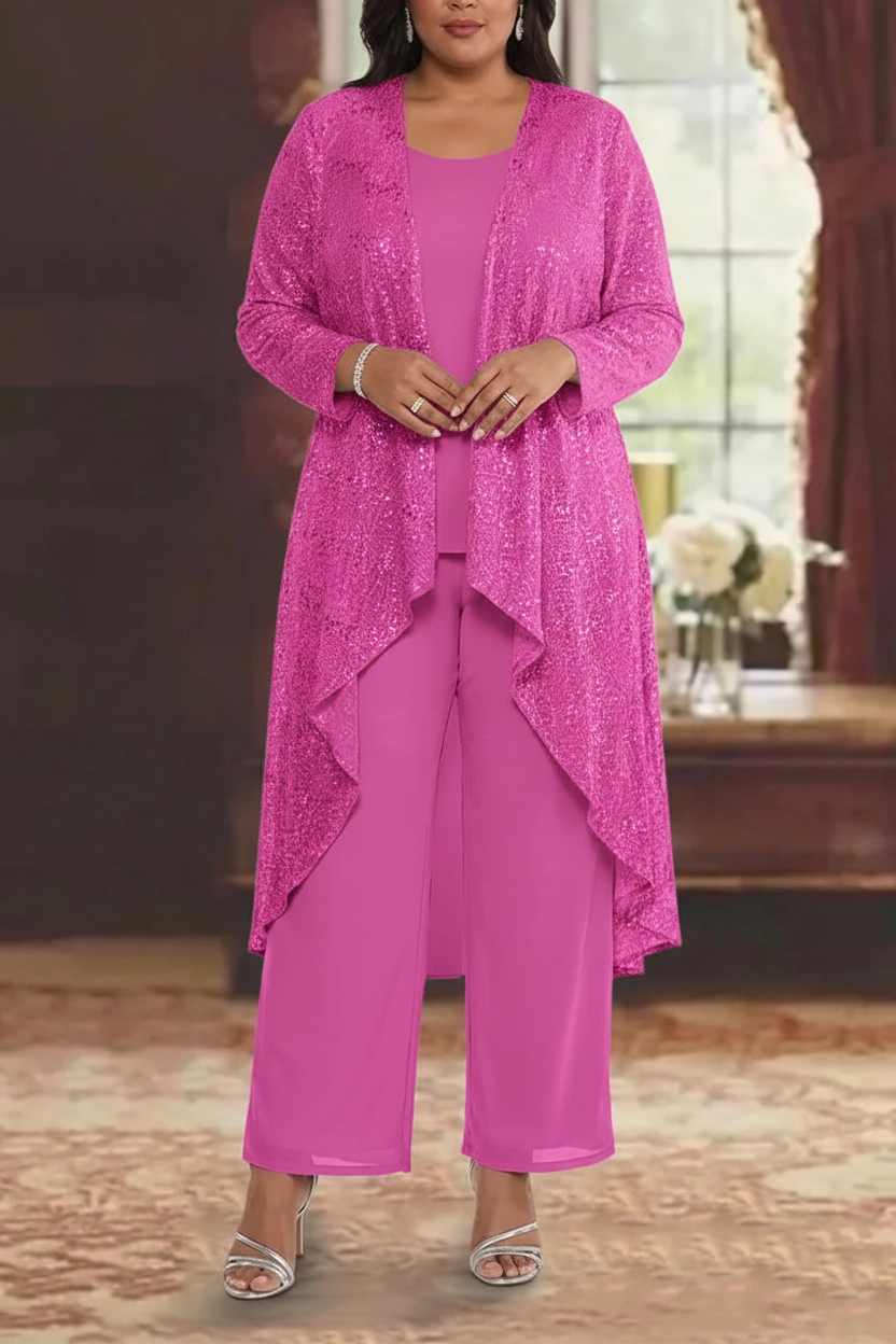 3 Pieces Chiffon Sequins Scoop Plus Size Mother of the Bride Pantsuits with Jacket Long Sleeves Ankle-Length