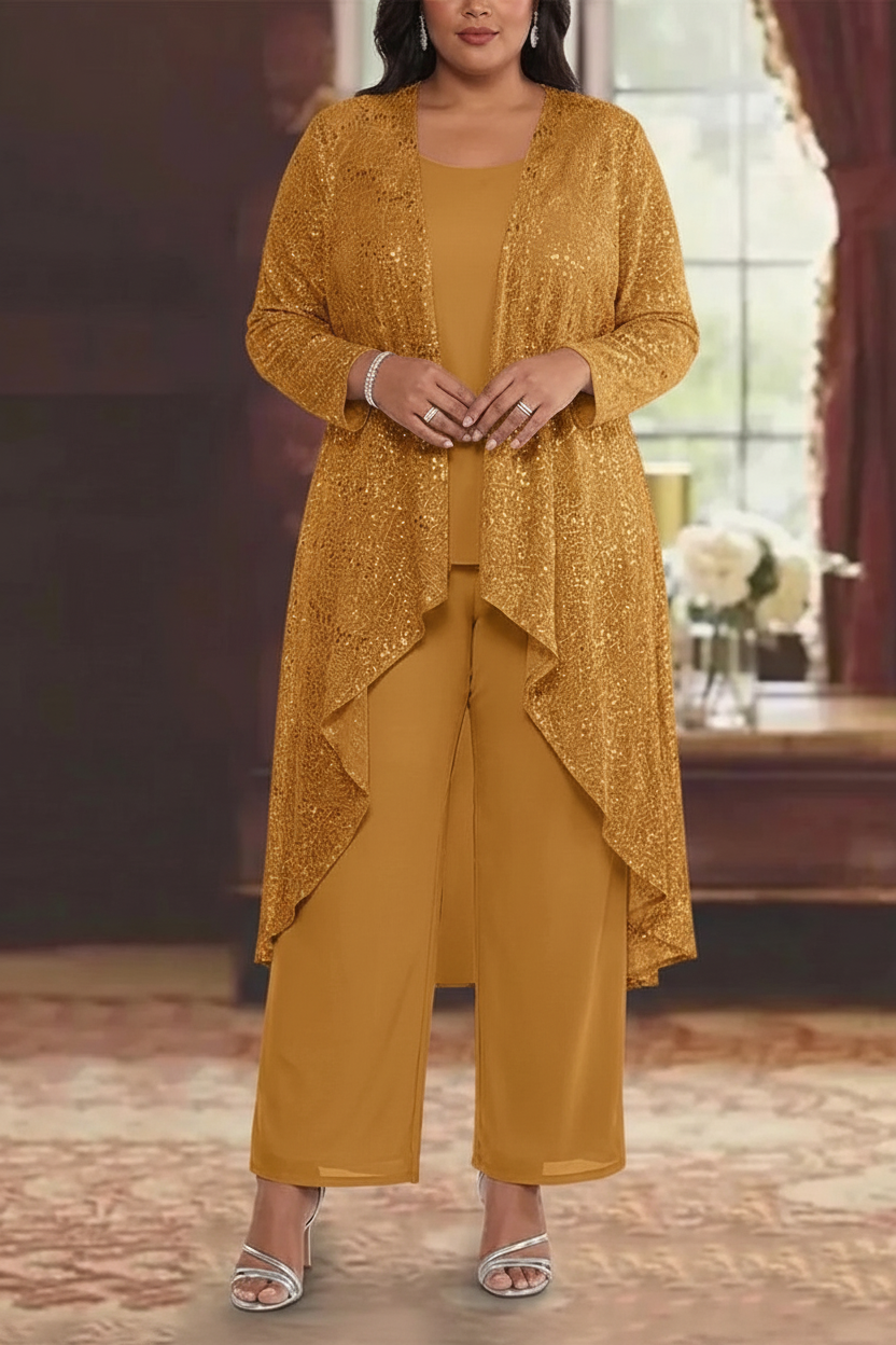 3 Pieces Chiffon Sequins Scoop Plus Size Mother of the Bride Pantsuits with Jacket Long Sleeves Ankle-Length