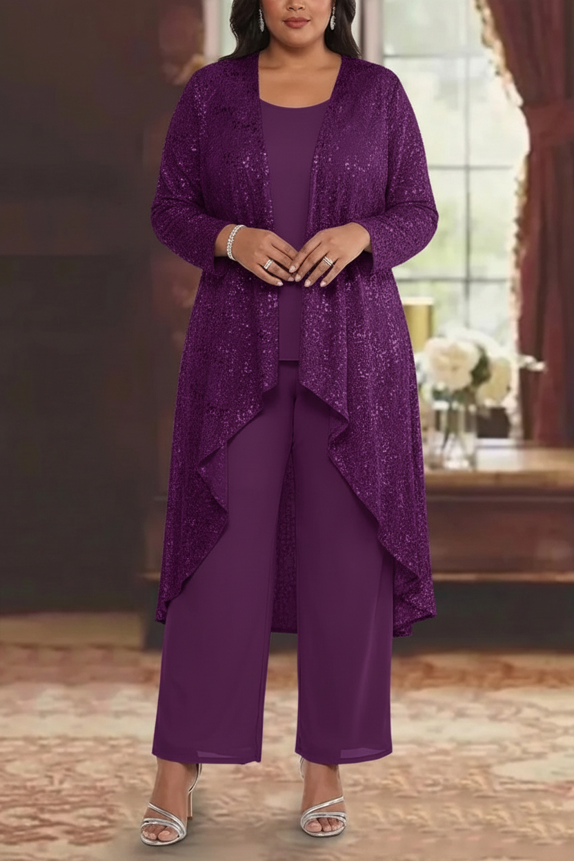 3 Pieces Chiffon Sequins Scoop Plus Size Mother of the Bride Pantsuits with Jacket Long Sleeves Ankle-Length