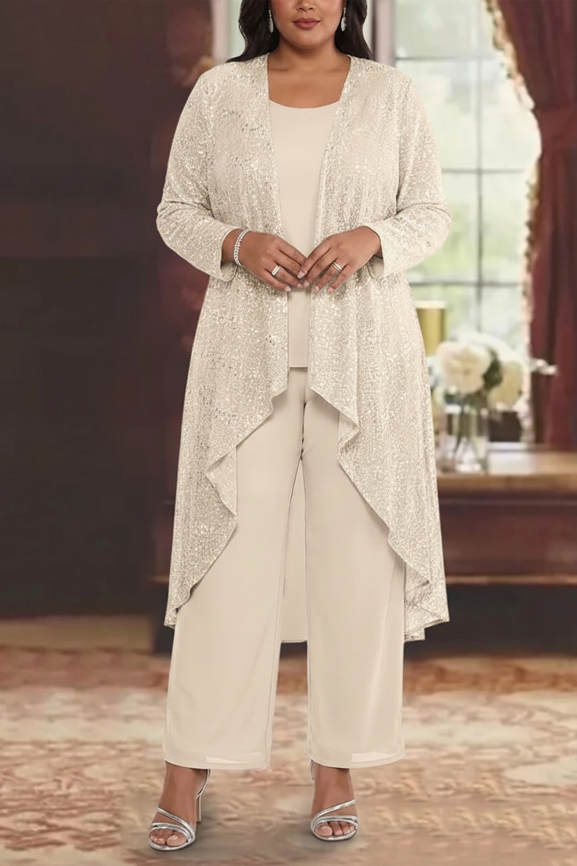 3 Pieces Chiffon Sequins Scoop Plus Size Mother of the Bride Pantsuits with Jacket Long Sleeves Ankle-Length