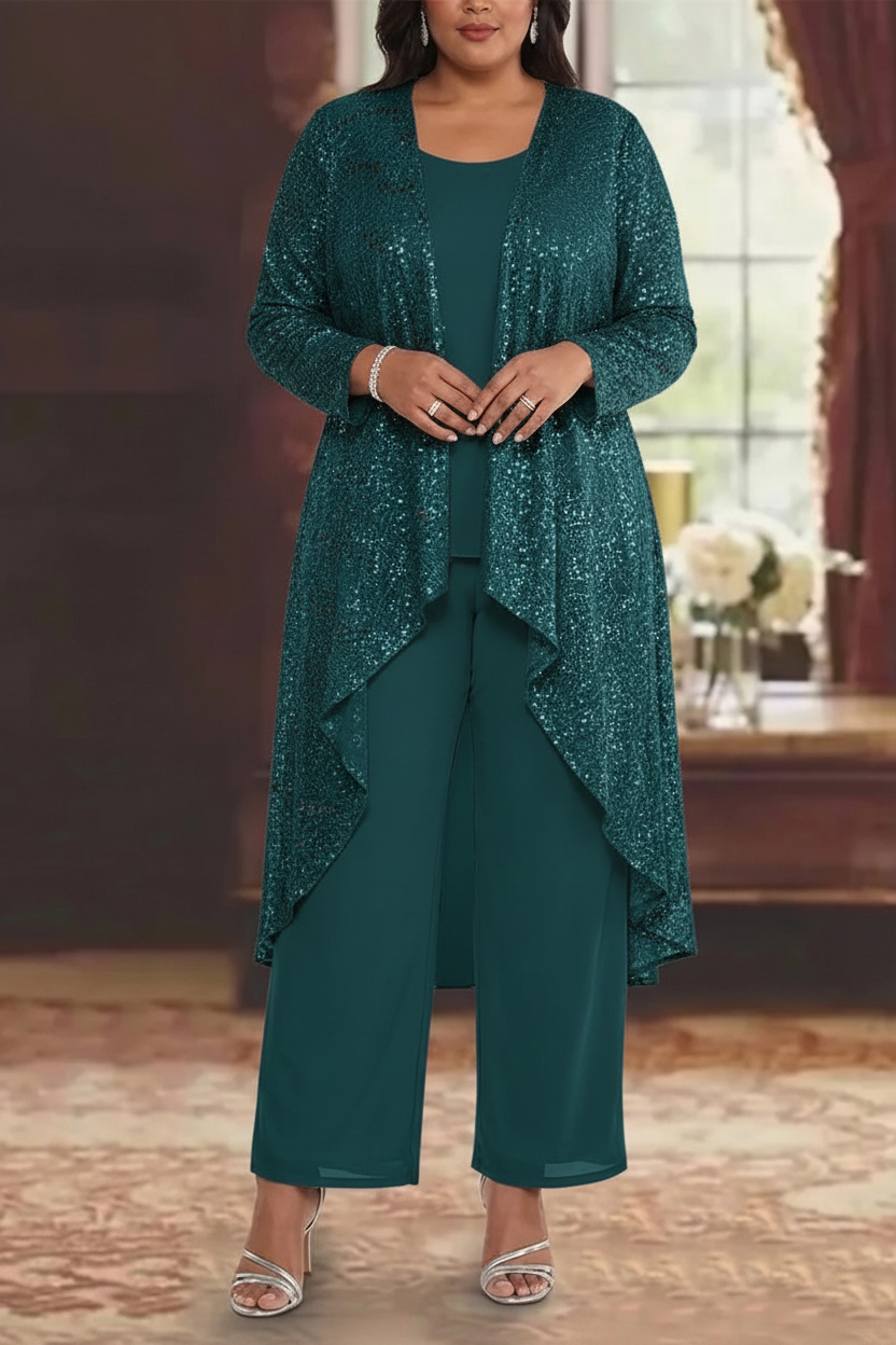 3 Pieces Chiffon Sequins Scoop Plus Size Mother of the Bride Pantsuits with Jacket Long Sleeves Ankle-Length