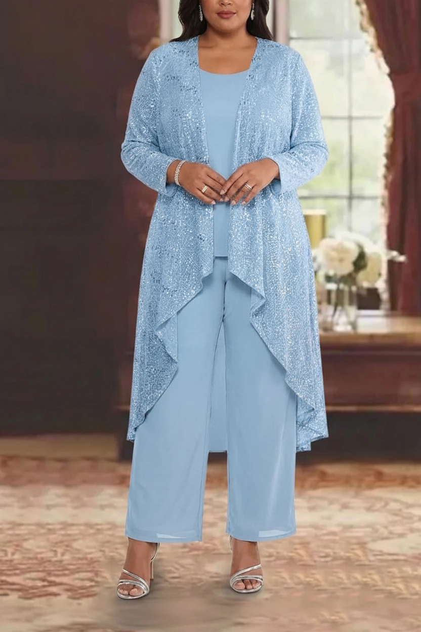 3 Pieces Chiffon Sequins Scoop Plus Size Mother of the Bride Pantsuits with Jacket Long Sleeves Ankle-Length