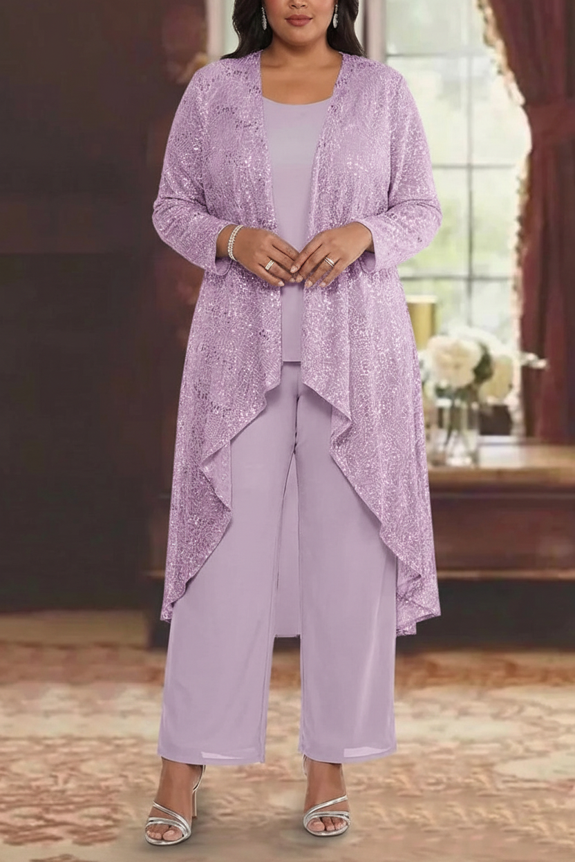 3 Pieces Chiffon Sequins Scoop Plus Size Mother of the Bride Pantsuits with Jacket Long Sleeves Ankle-Length