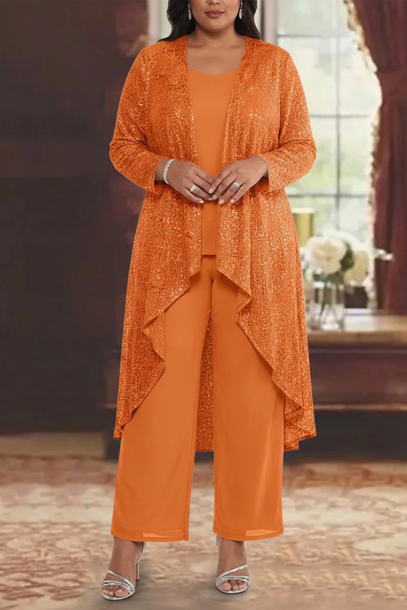 3 Pieces Chiffon Sequins Scoop Plus Size Mother of the Bride Pantsuits with Jacket Long Sleeves Ankle-Length