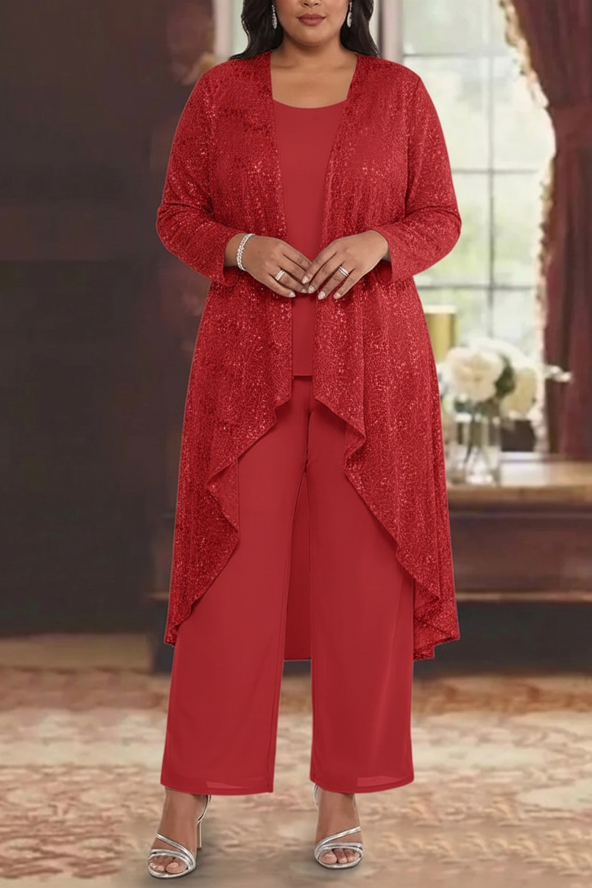 3 Pieces Chiffon Sequins Scoop Plus Size Mother of the Bride Pantsuits with Jacket Long Sleeves Ankle-Length