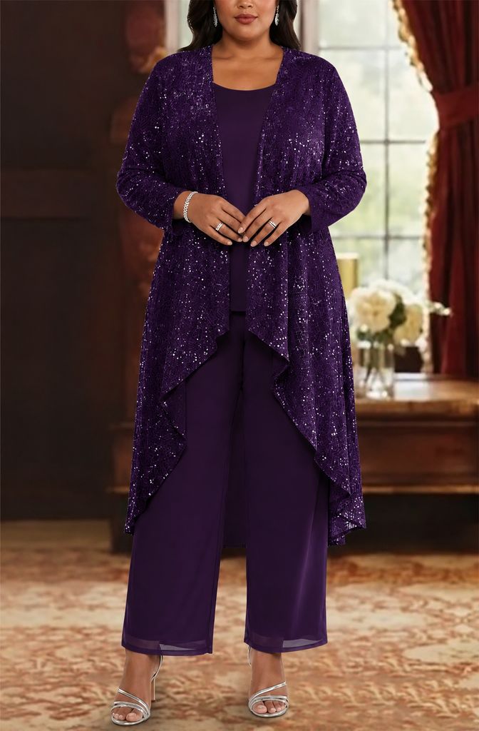 3 Pieces Chiffon Sequins Scoop Plus Size Mother of the Bride Pantsuits with Jacket Long Sleeves Ankle-Length
