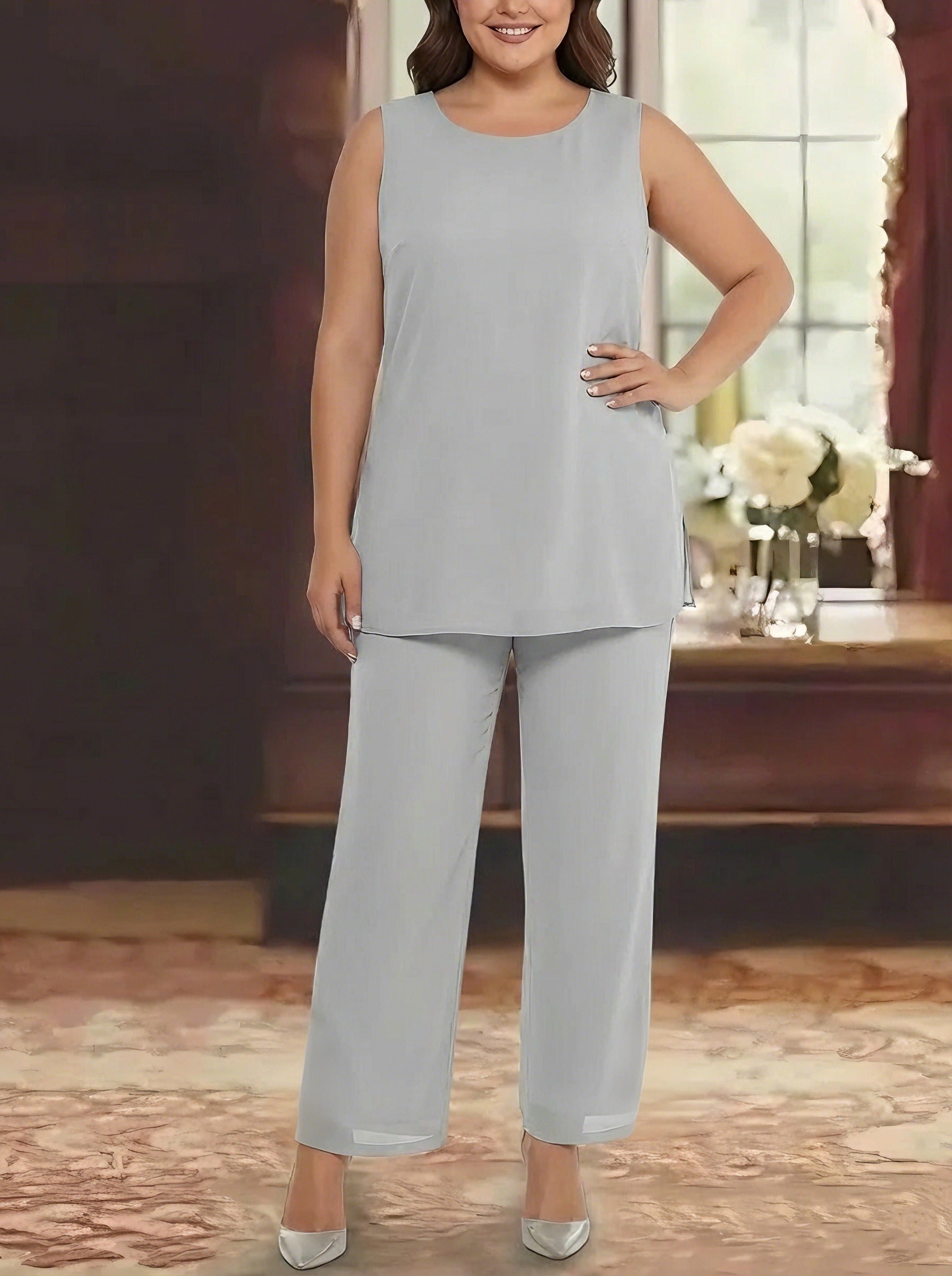 3 Pieces Chiffon Sequins Scoop Plus Size Mother of the Bride Pantsuits with Jacket Long Sleeves Ankle-Length